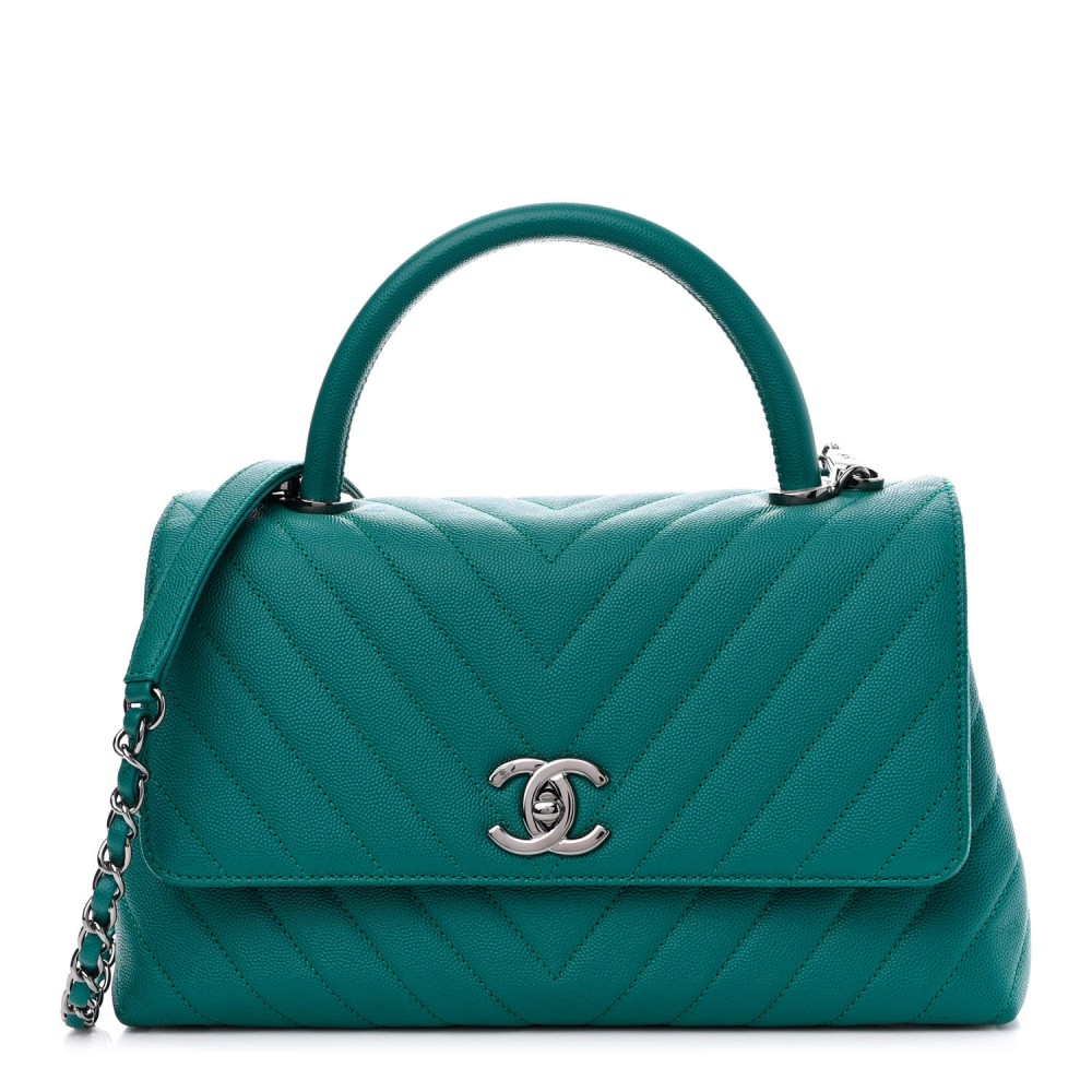 Caviar Chevron Quilted Small Coco Handle Flap Turquoise