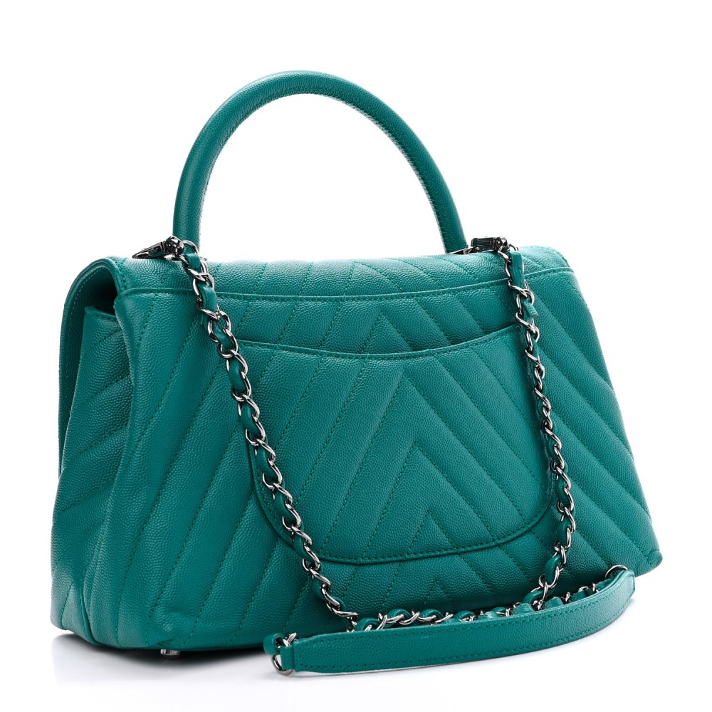 Caviar Chevron Quilted Small Coco Handle Flap Turquoise