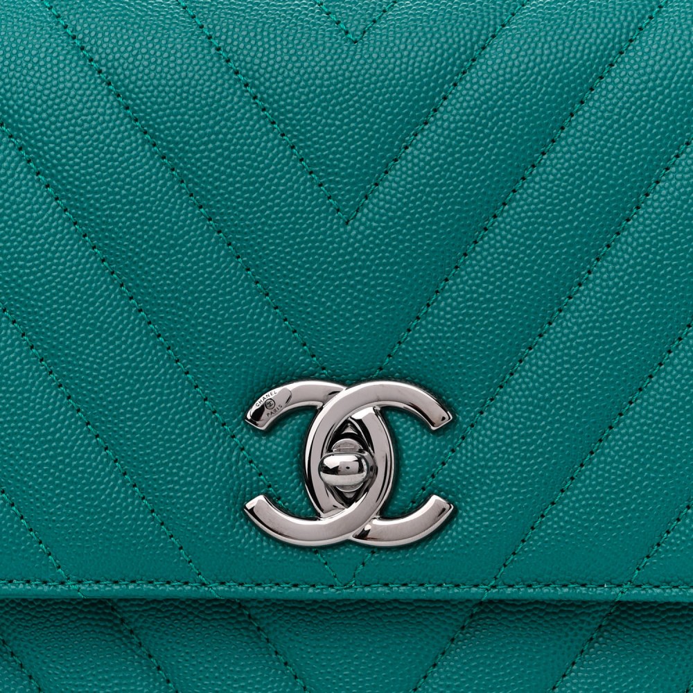 Caviar Chevron Quilted Small Coco Handle Flap Turquoise