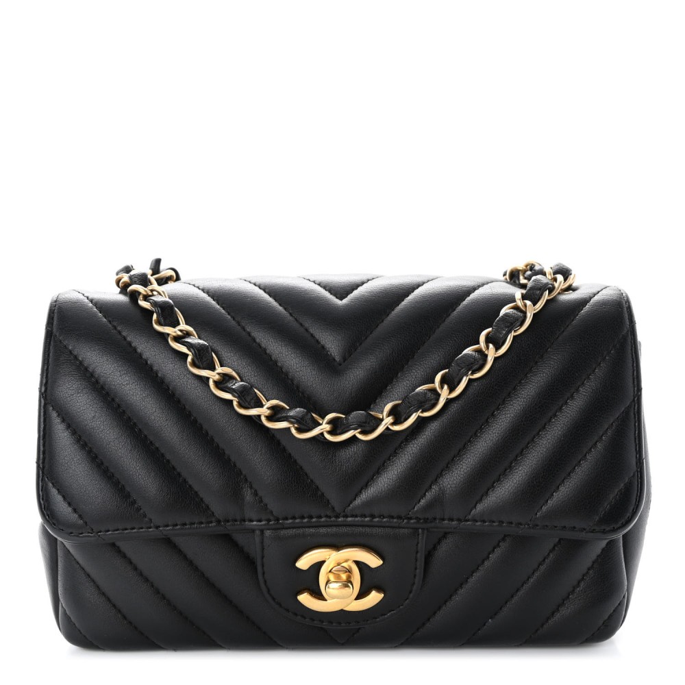 Lambskin Chevron Quilted Mini Rectangular Flap Black