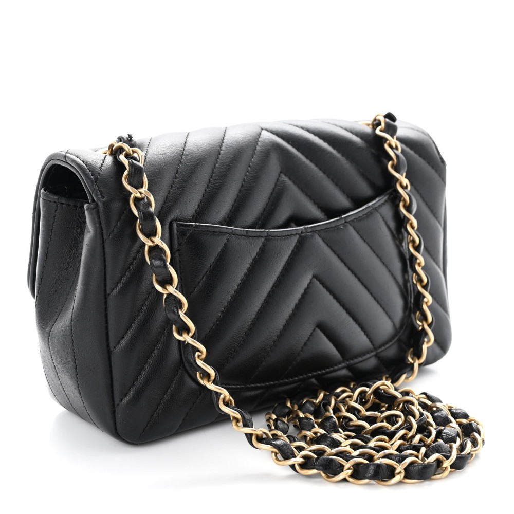 Lambskin Chevron Quilted Mini Rectangular Flap Black