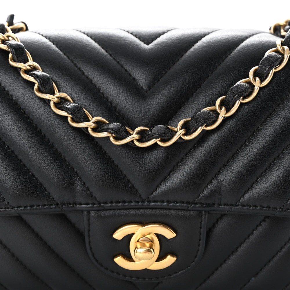 Lambskin Chevron Quilted Mini Rectangular Flap Black