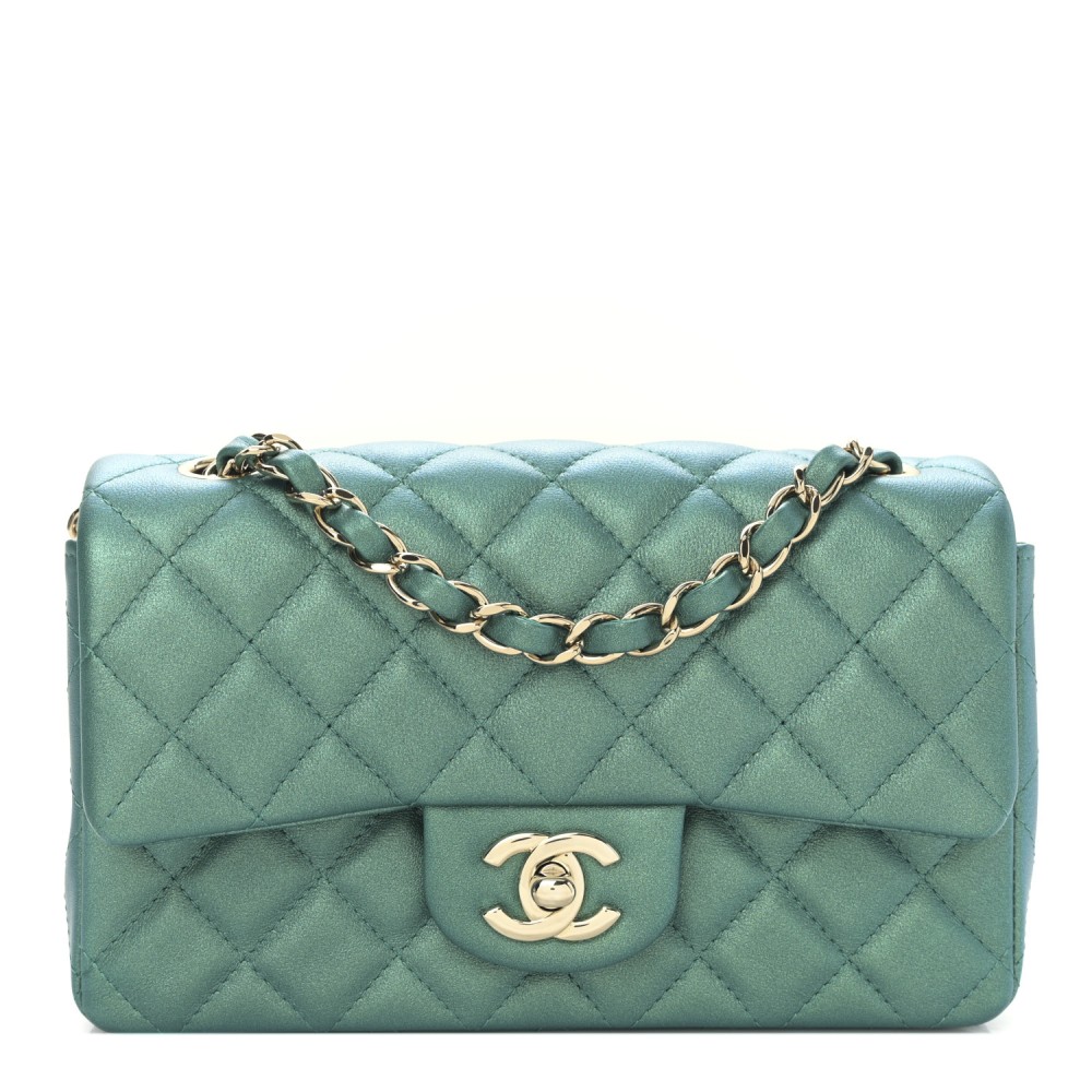 Iridescent Calfskin Quilted Mini Rectangular Flap Green