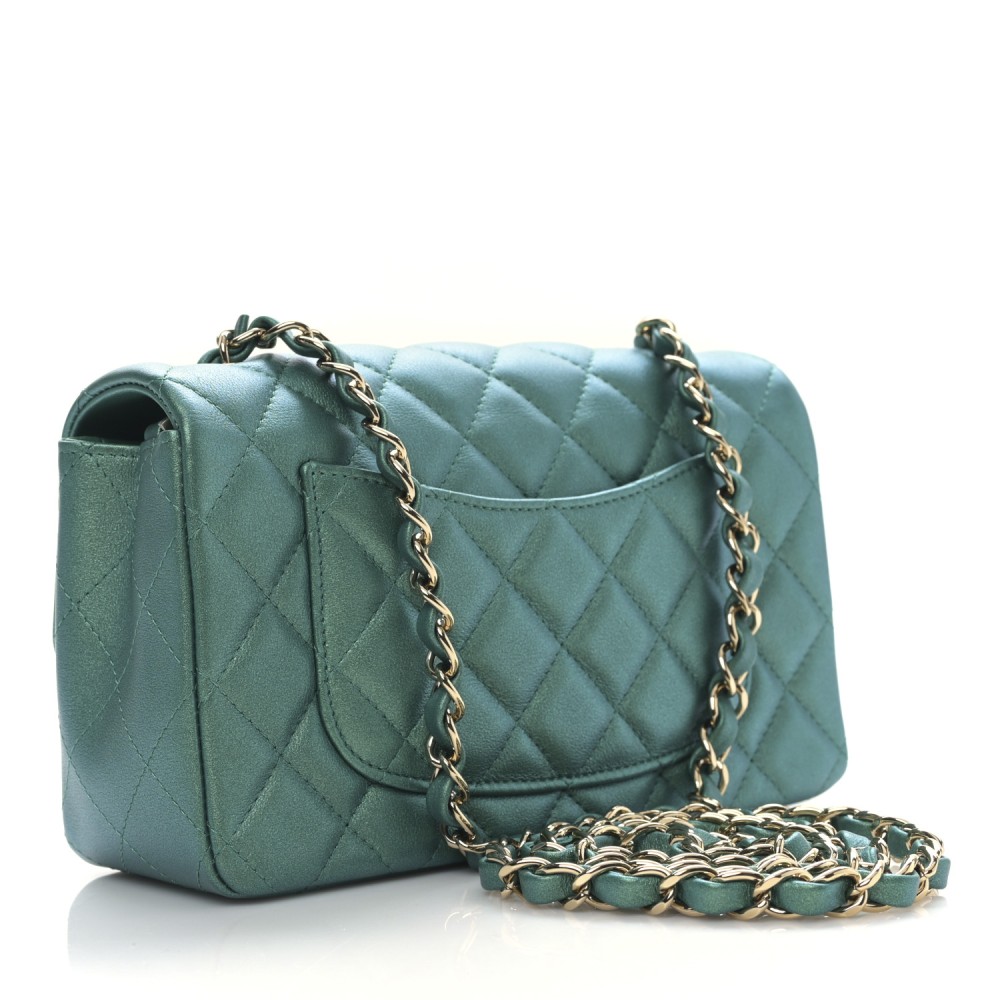 Iridescent Calfskin Quilted Mini Rectangular Flap Green