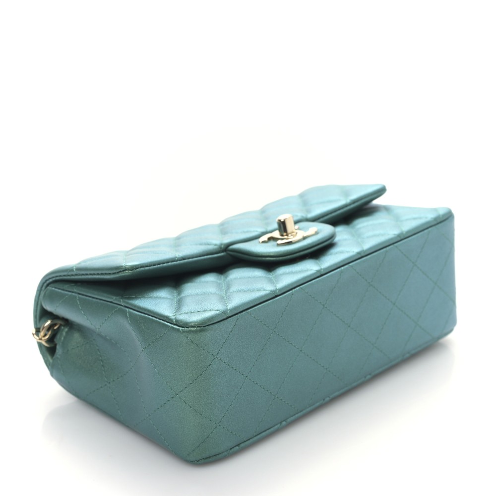 Iridescent Calfskin Quilted Mini Rectangular Flap Green