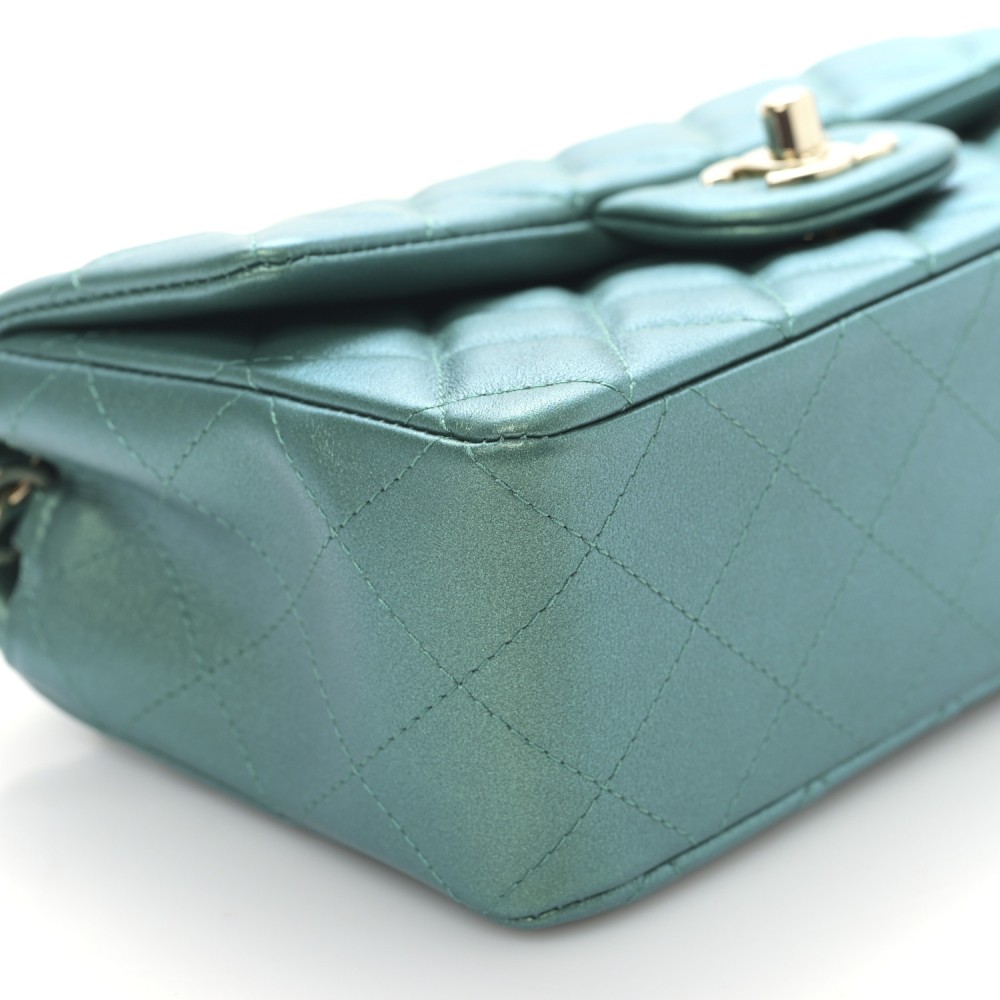 Iridescent Calfskin Quilted Mini Rectangular Flap Green