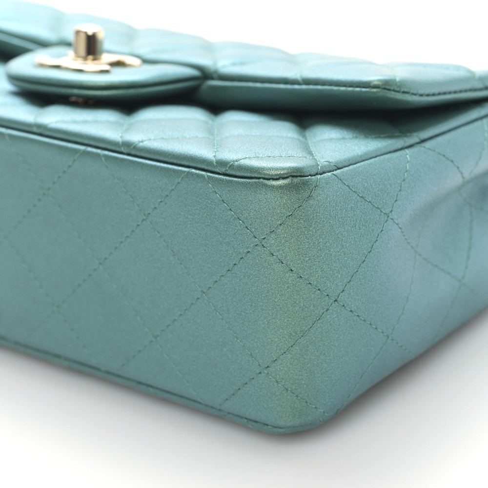 Iridescent Calfskin Quilted Mini Rectangular Flap Green