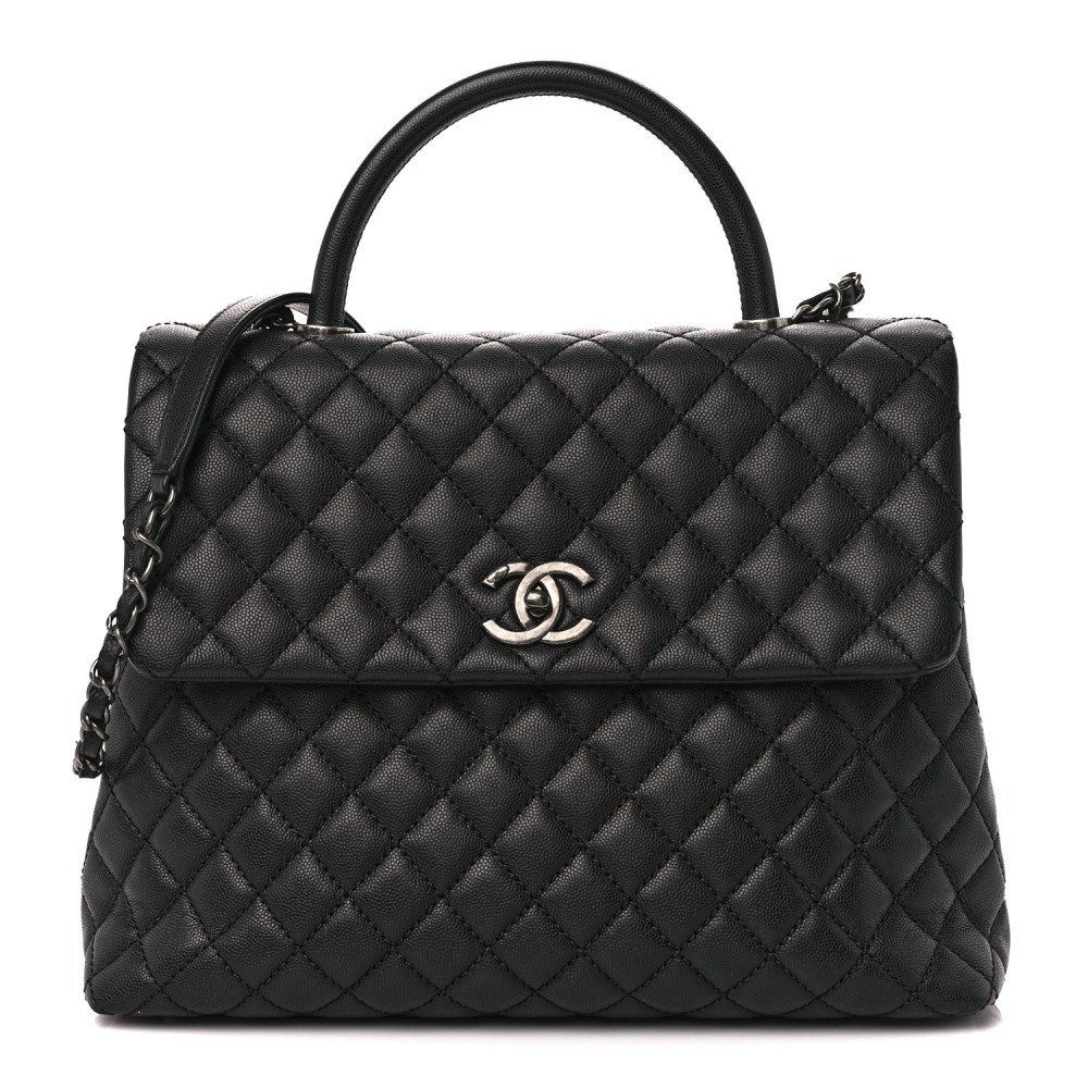 Caviar Quilted Large Coco Handle Flap Black