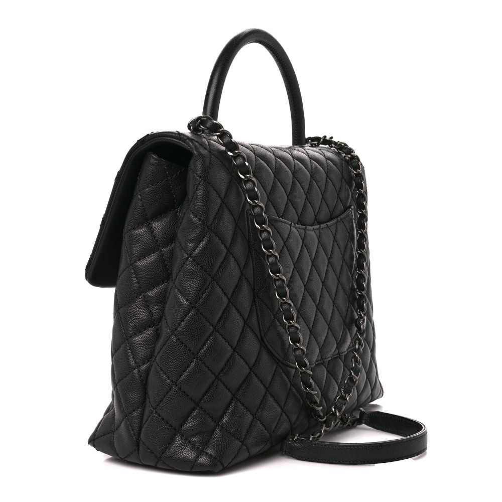 Caviar Quilted Large Coco Handle Flap Black