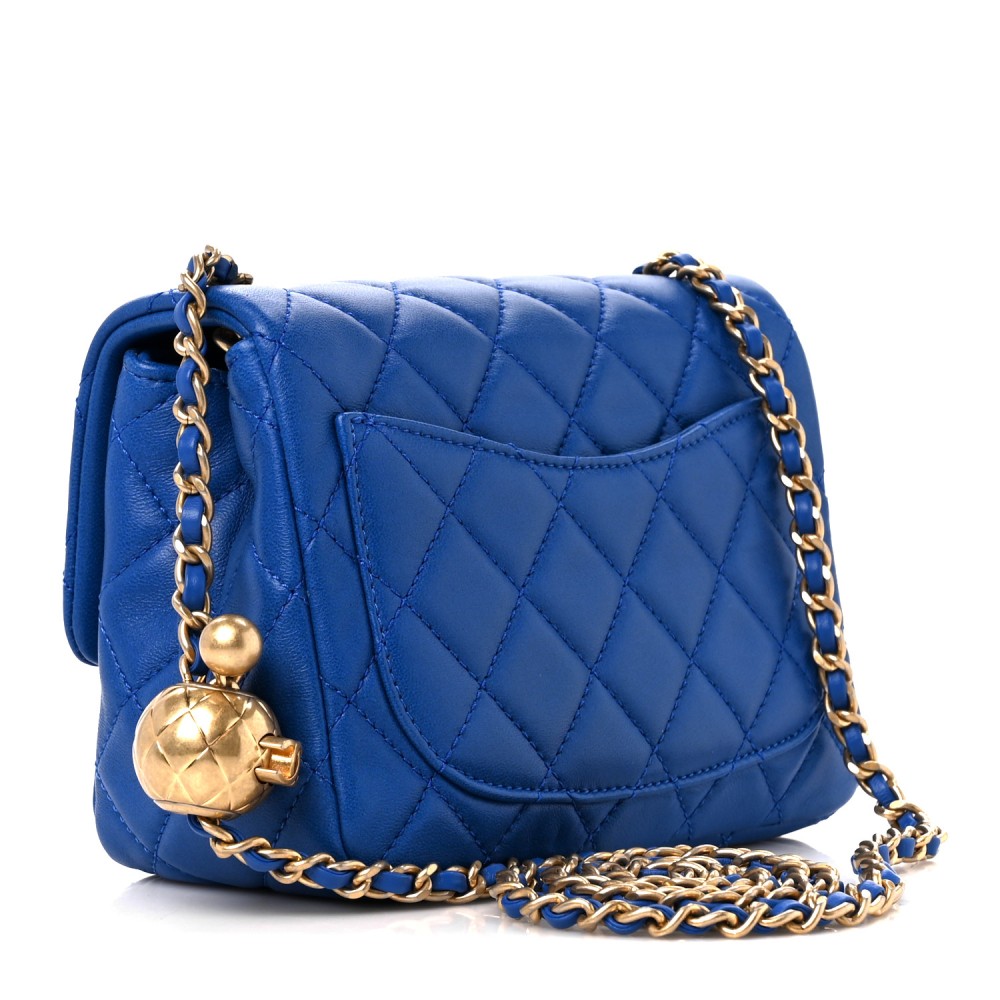 Lambskin Quilted Pearl Crush Mini Rectangular Flap Blue