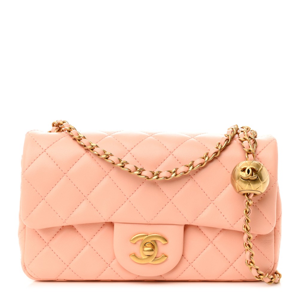 Lambskin Quilted Mini Rectangular Pearl Crush Flap Coral