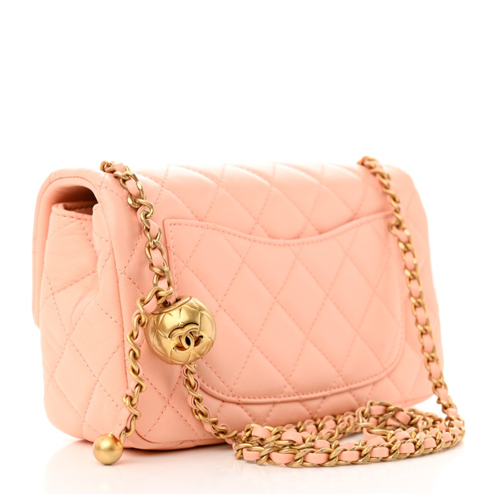 Lambskin Quilted Mini Rectangular Pearl Crush Flap Coral