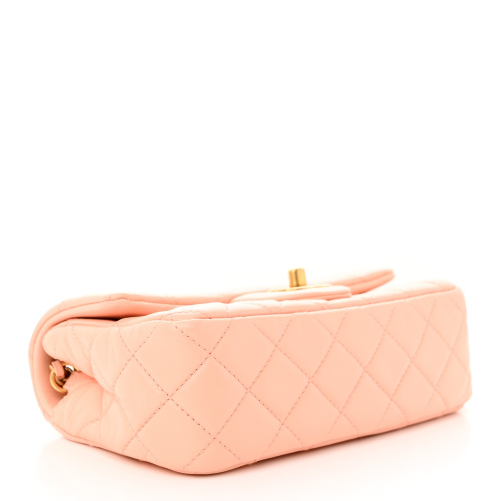 Lambskin Quilted Mini Rectangular Pearl Crush Flap Coral