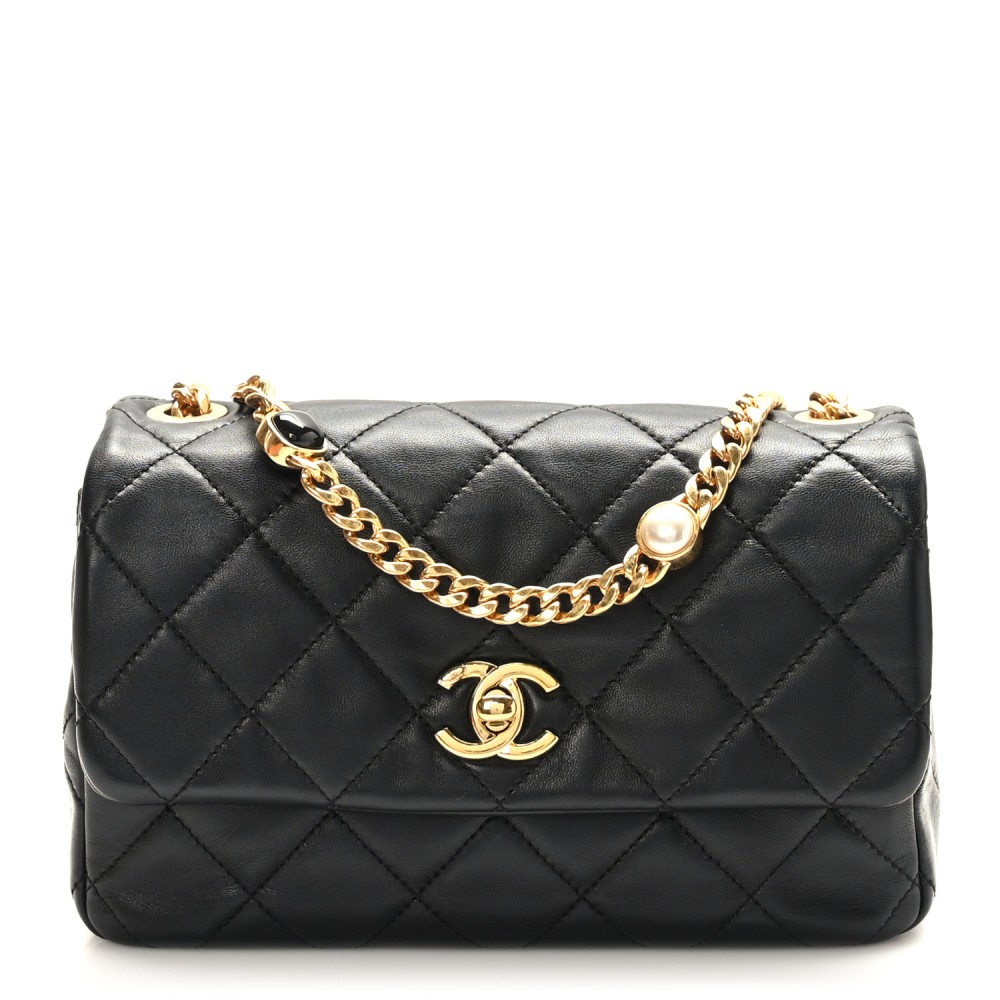 Lambskin Resin Pearl Quilted Mini Rectangular Flap Black