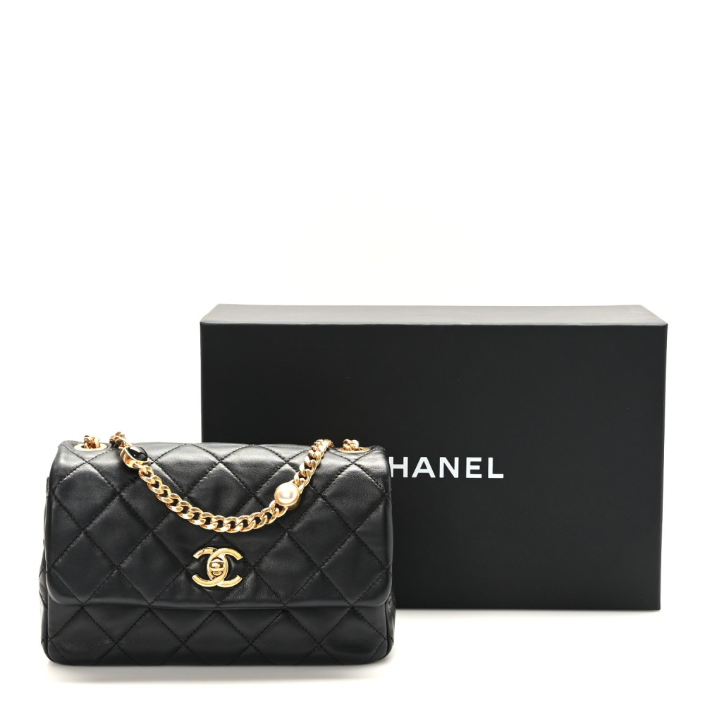 Lambskin Resin Pearl Quilted Mini Rectangular Flap Black