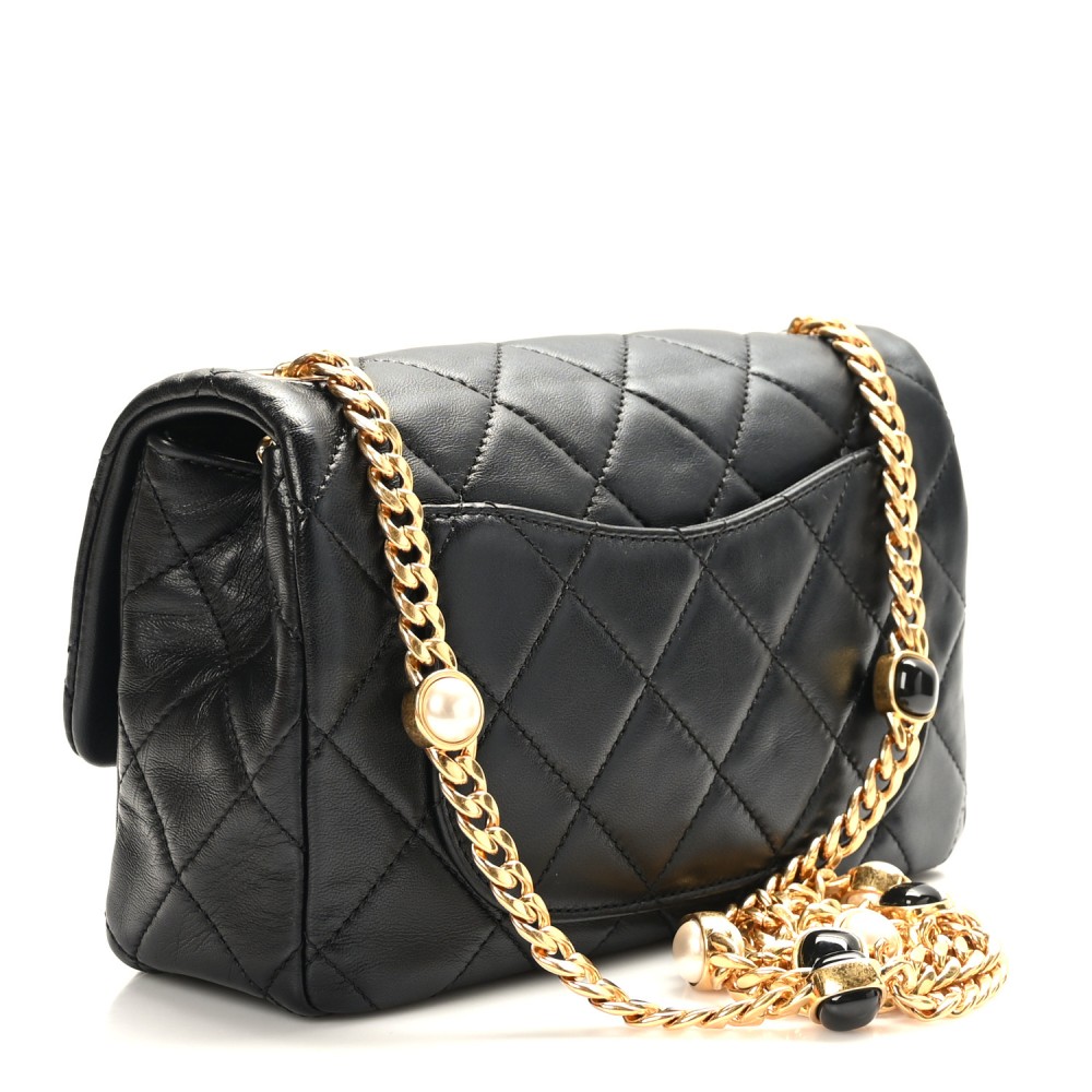 Lambskin Resin Pearl Quilted Mini Rectangular Flap Black