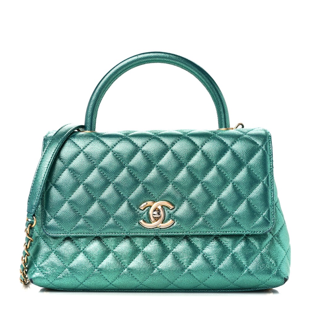 Metallic Caviar Quilted Small Coco Handle Flap Blue