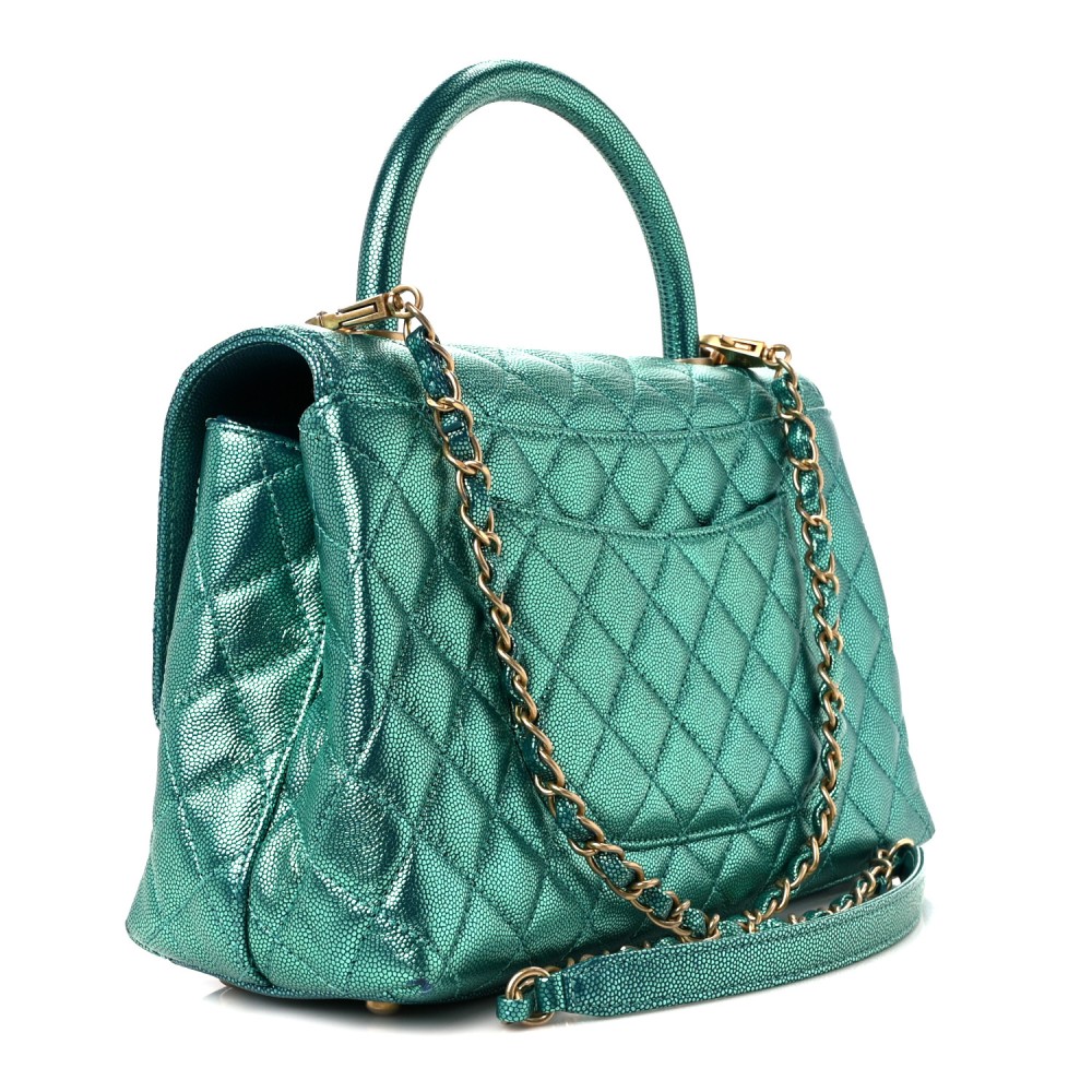 Metallic Caviar Quilted Small Coco Handle Flap Blue