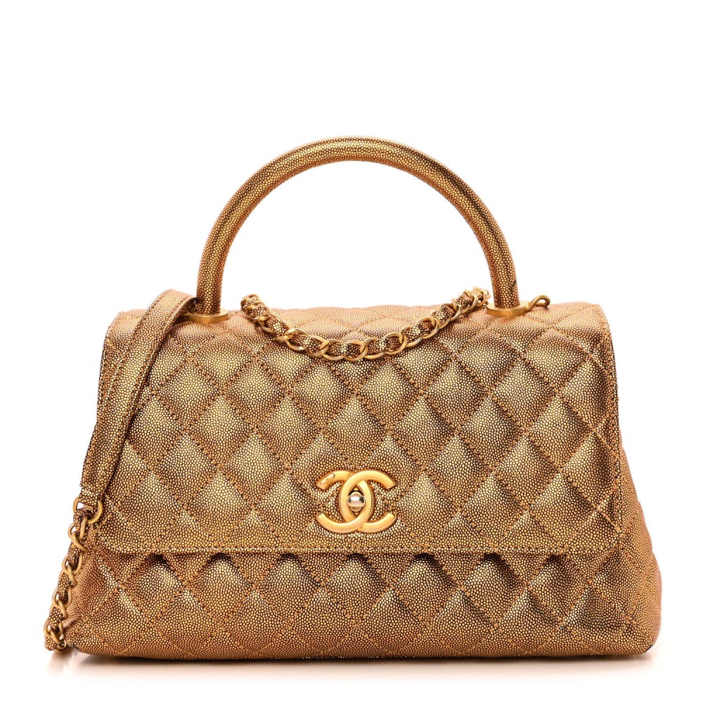 Metallic Caviar Quilted Small Coco Handle Flap Gold