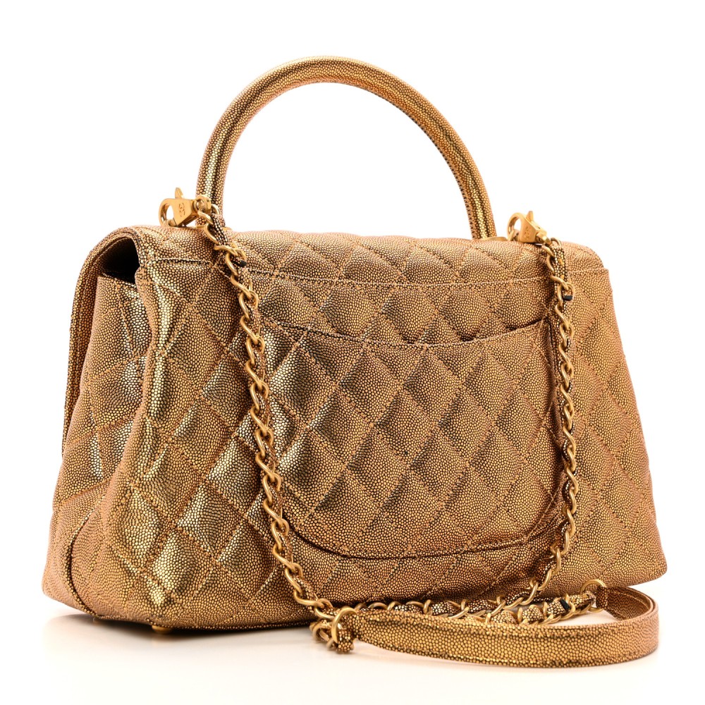 Metallic Caviar Quilted Small Coco Handle Flap Gold