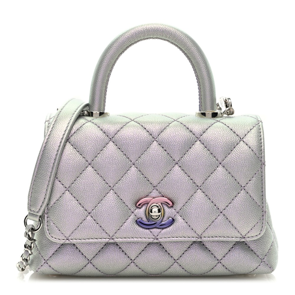 Iridescent Caviar Quilted Extra Mini Coco Handle Flap Purple