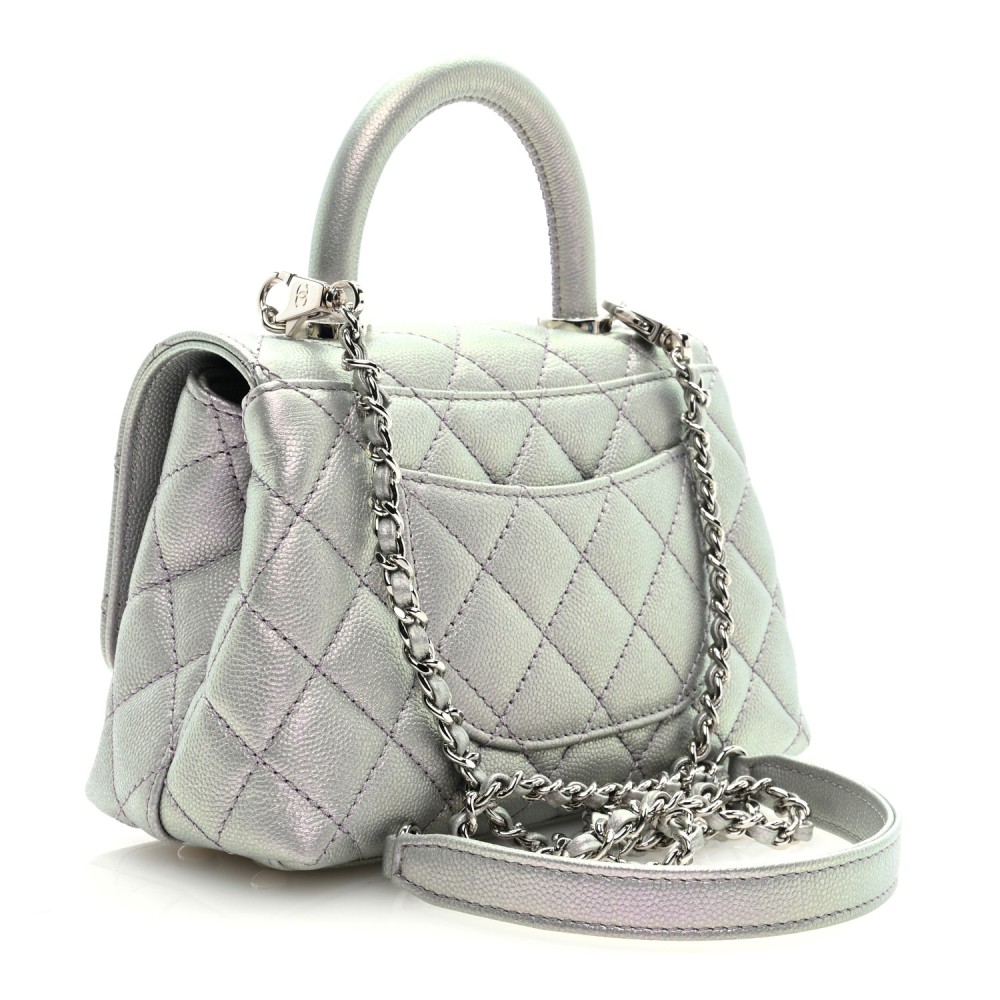 Iridescent Caviar Quilted Extra Mini Coco Handle Flap Purple