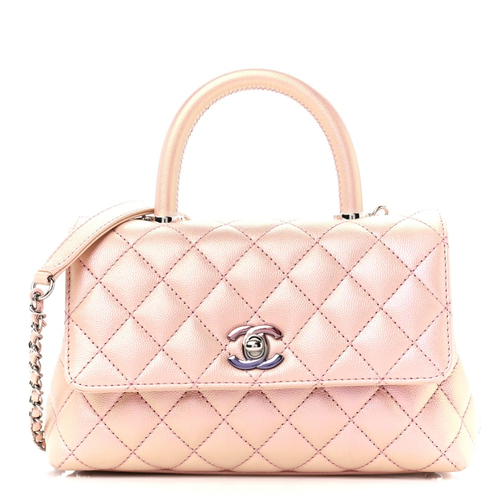 Iridescent Caviar Quilted Mini Coco Handle Flap Pink