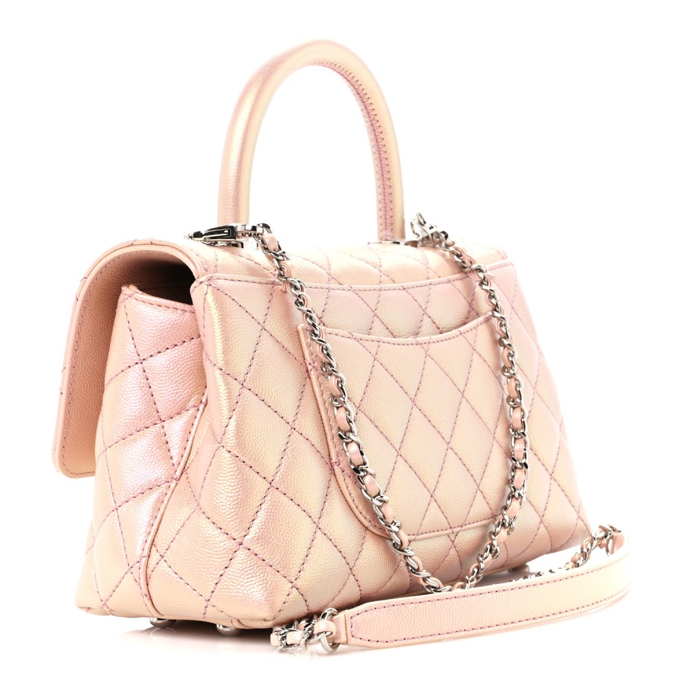 Iridescent Caviar Quilted Mini Coco Handle Flap Pink