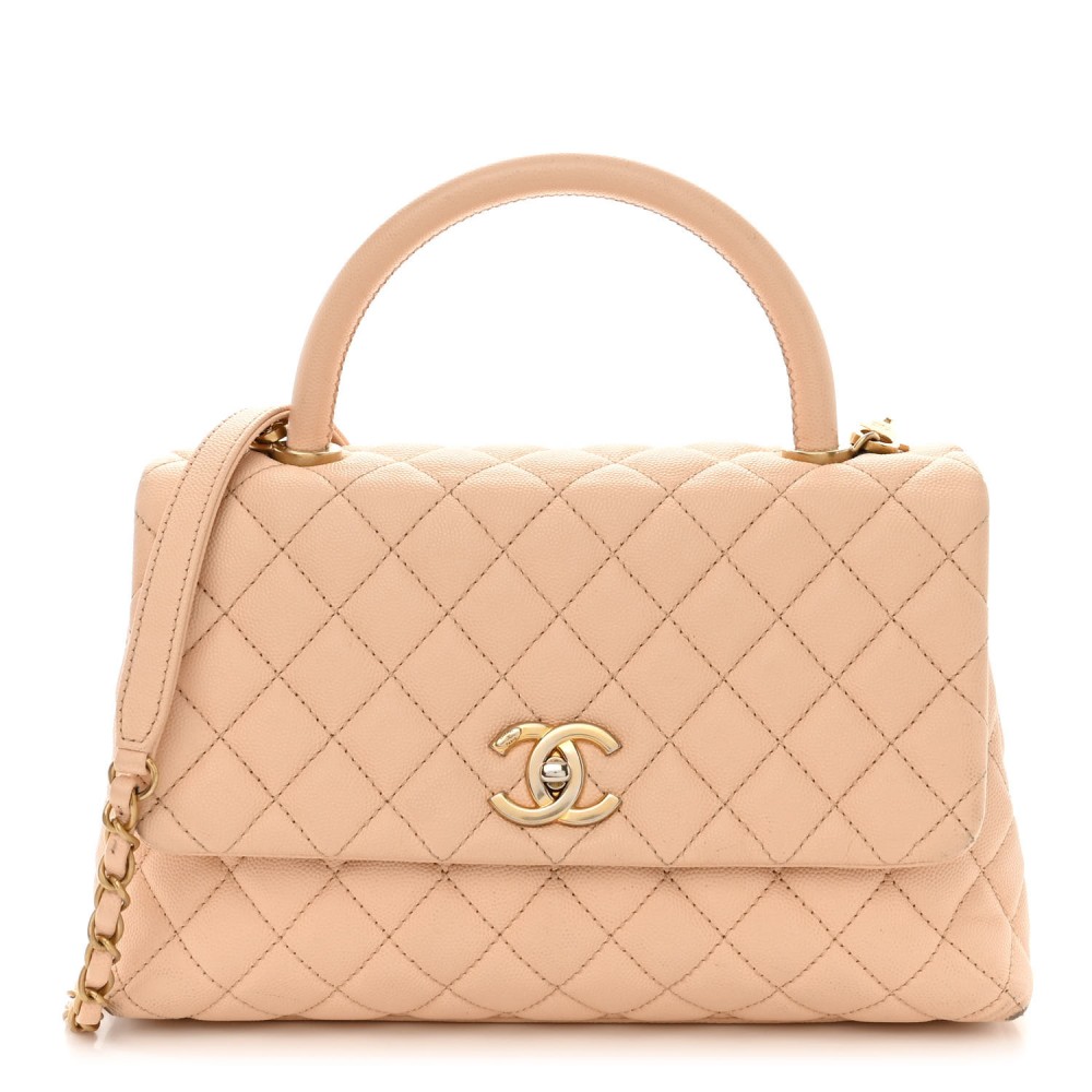 Caviar Quilted Small Coco Handle Flap Beige