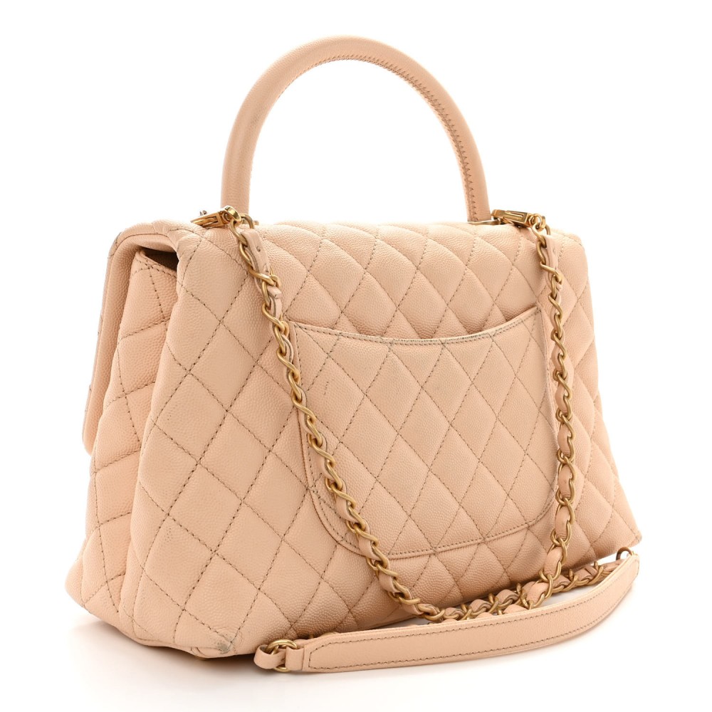 Caviar Quilted Small Coco Handle Flap Beige