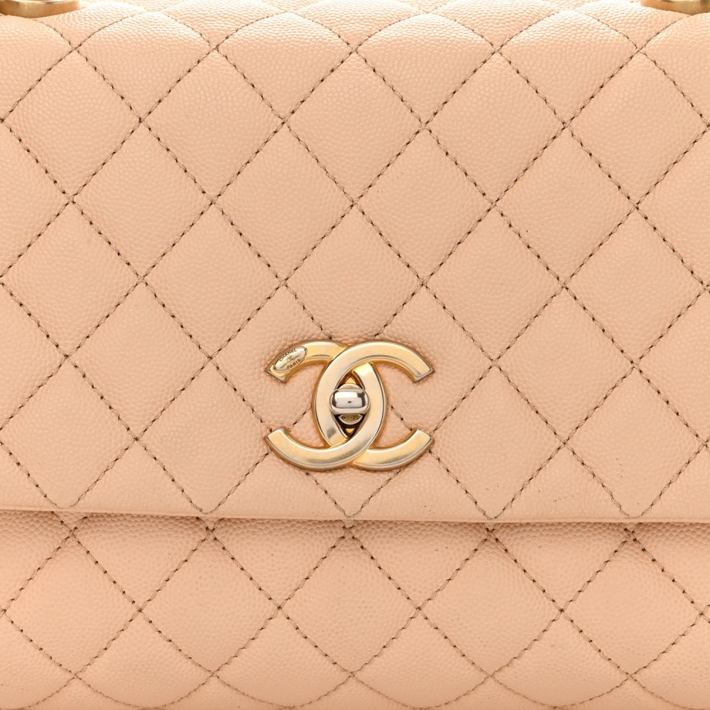 Caviar Quilted Small Coco Handle Flap Beige