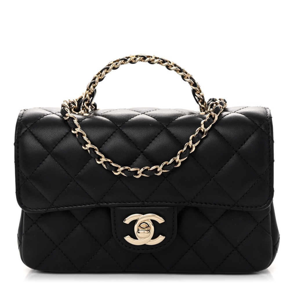 Lambskin Quilted Mini Crystal Top Handle Rectangular Flap Black