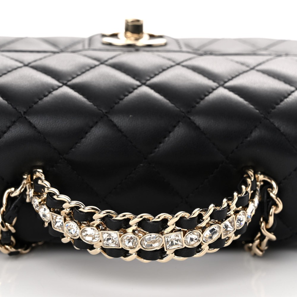 Lambskin Quilted Mini Crystal Top Handle Rectangular Flap Black