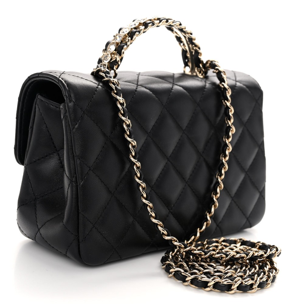 Lambskin Quilted Mini Crystal Top Handle Rectangular Flap Black