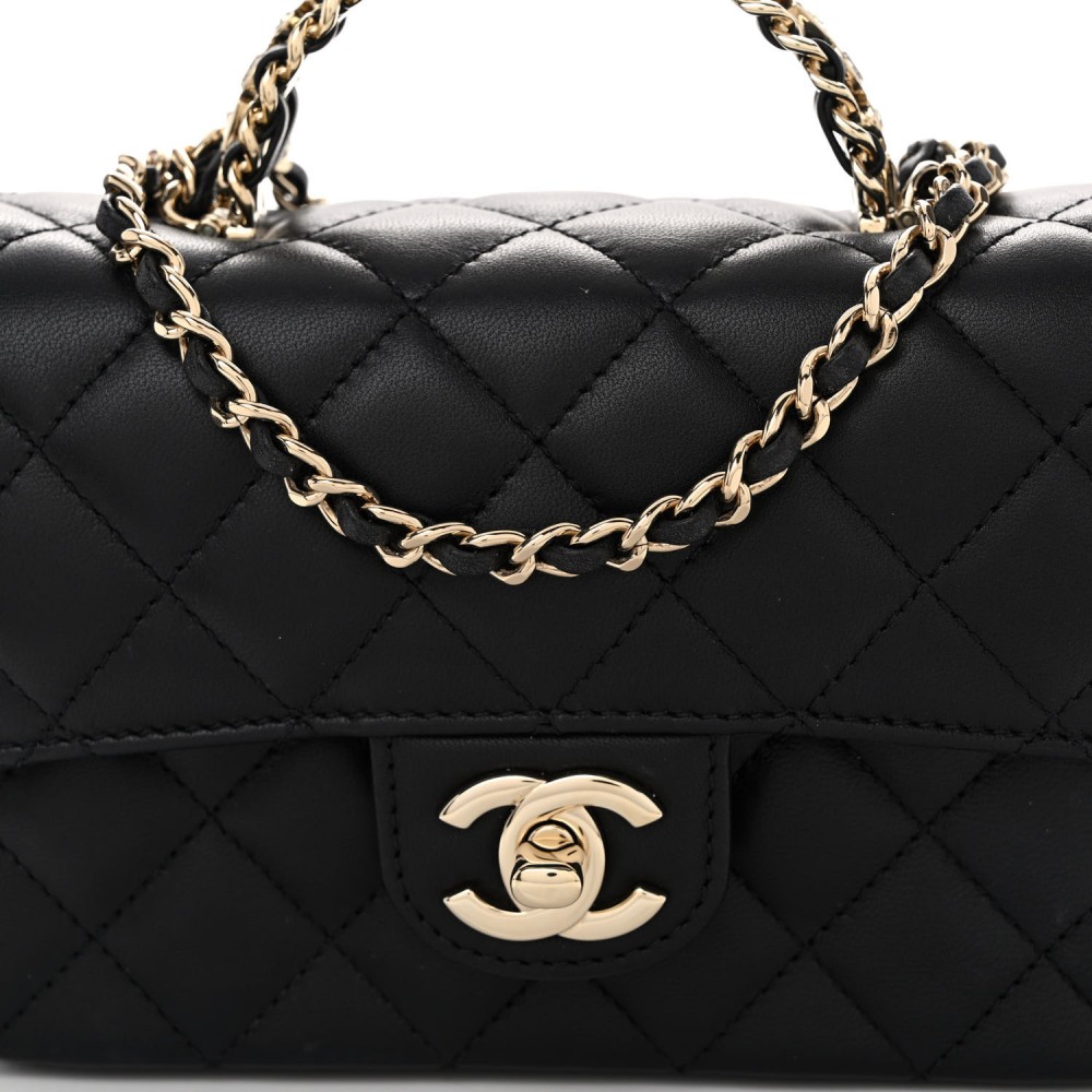 Lambskin Quilted Mini Crystal Top Handle Rectangular Flap Black