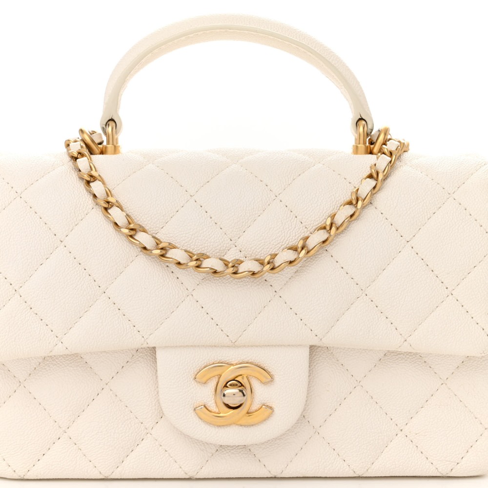 Caviar Quilted Mini Top Handle Rectangular Flap White