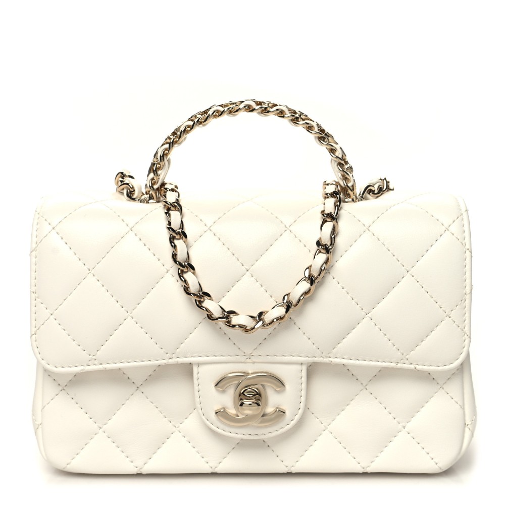 Lambskin Quilted Mini Crystal Top Handle Rectangular Flap White