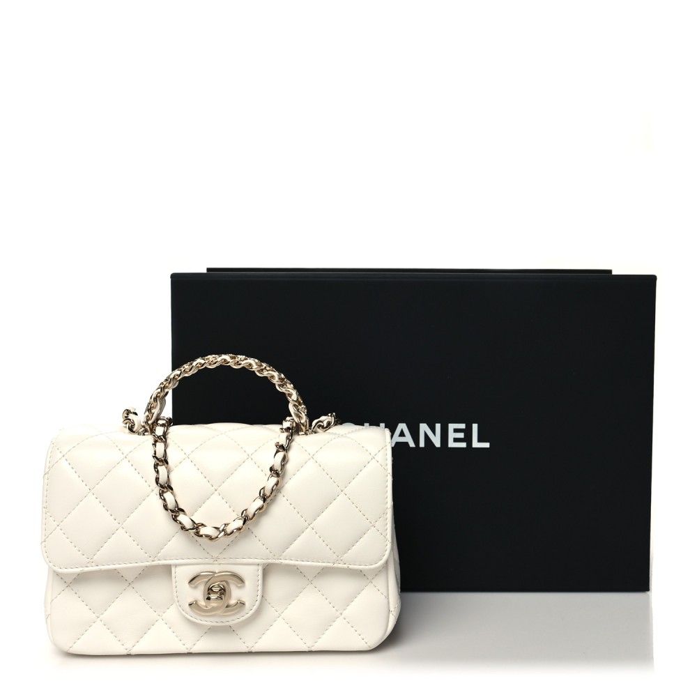 Lambskin Quilted Mini Crystal Top Handle Rectangular Flap White