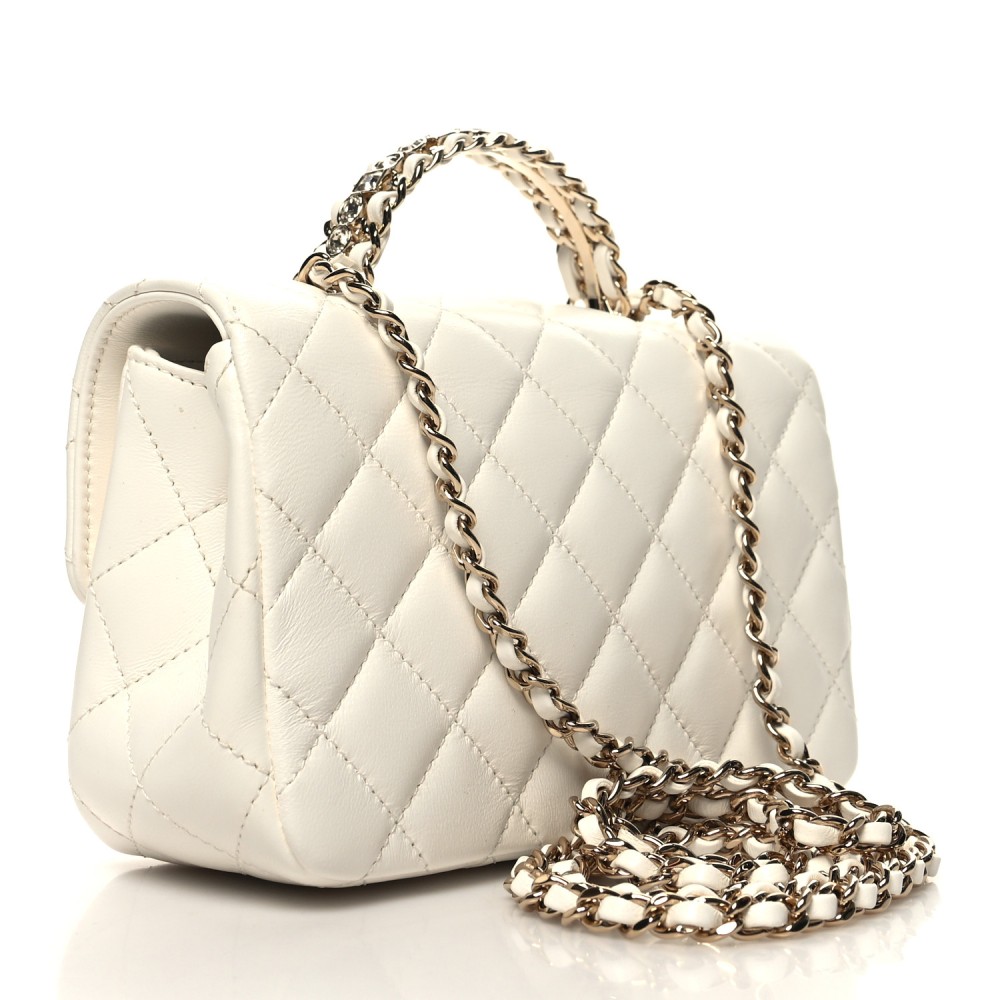 Lambskin Quilted Mini Crystal Top Handle Rectangular Flap White