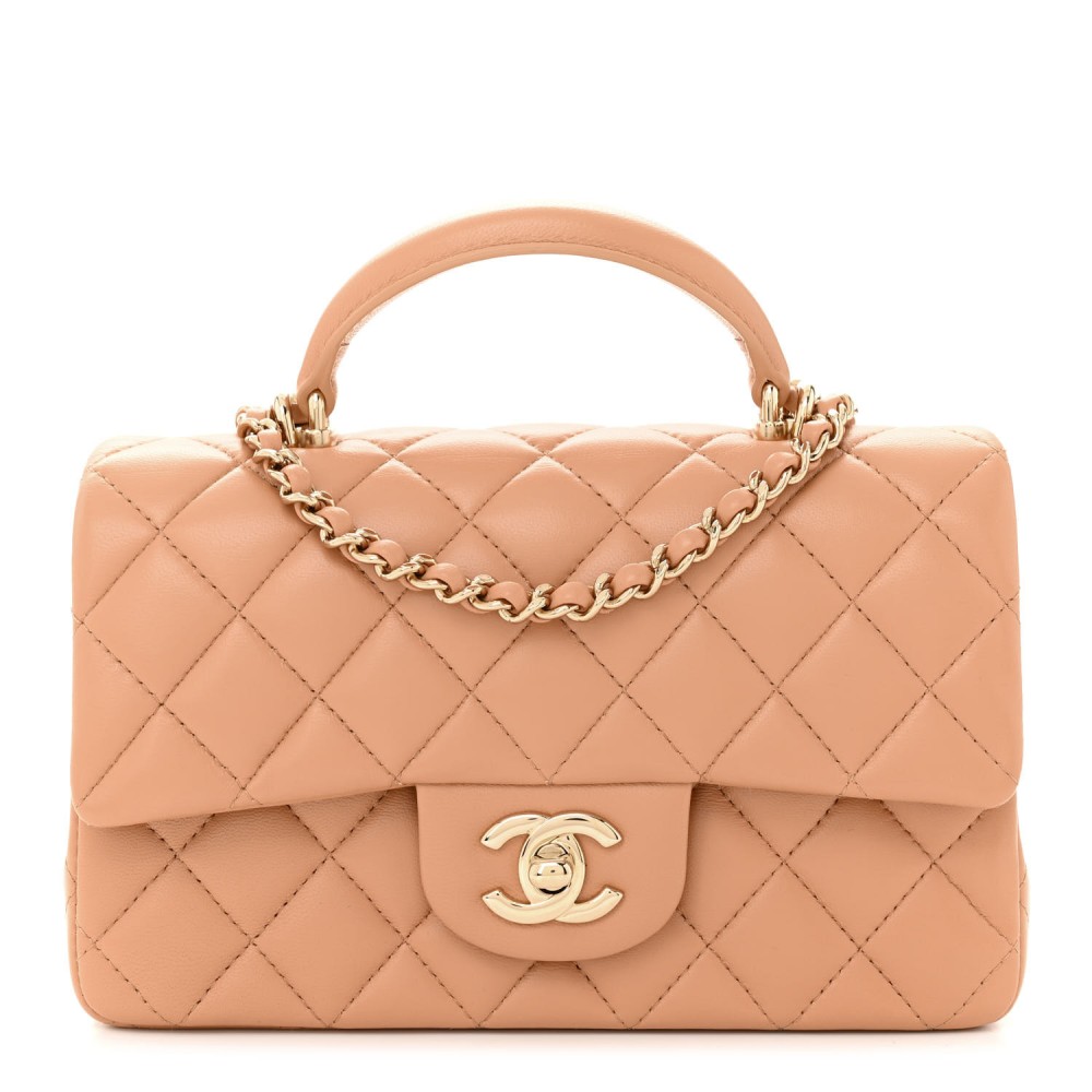 Lambskin Quilted Mini Top Handle Rectangular Flap Beige