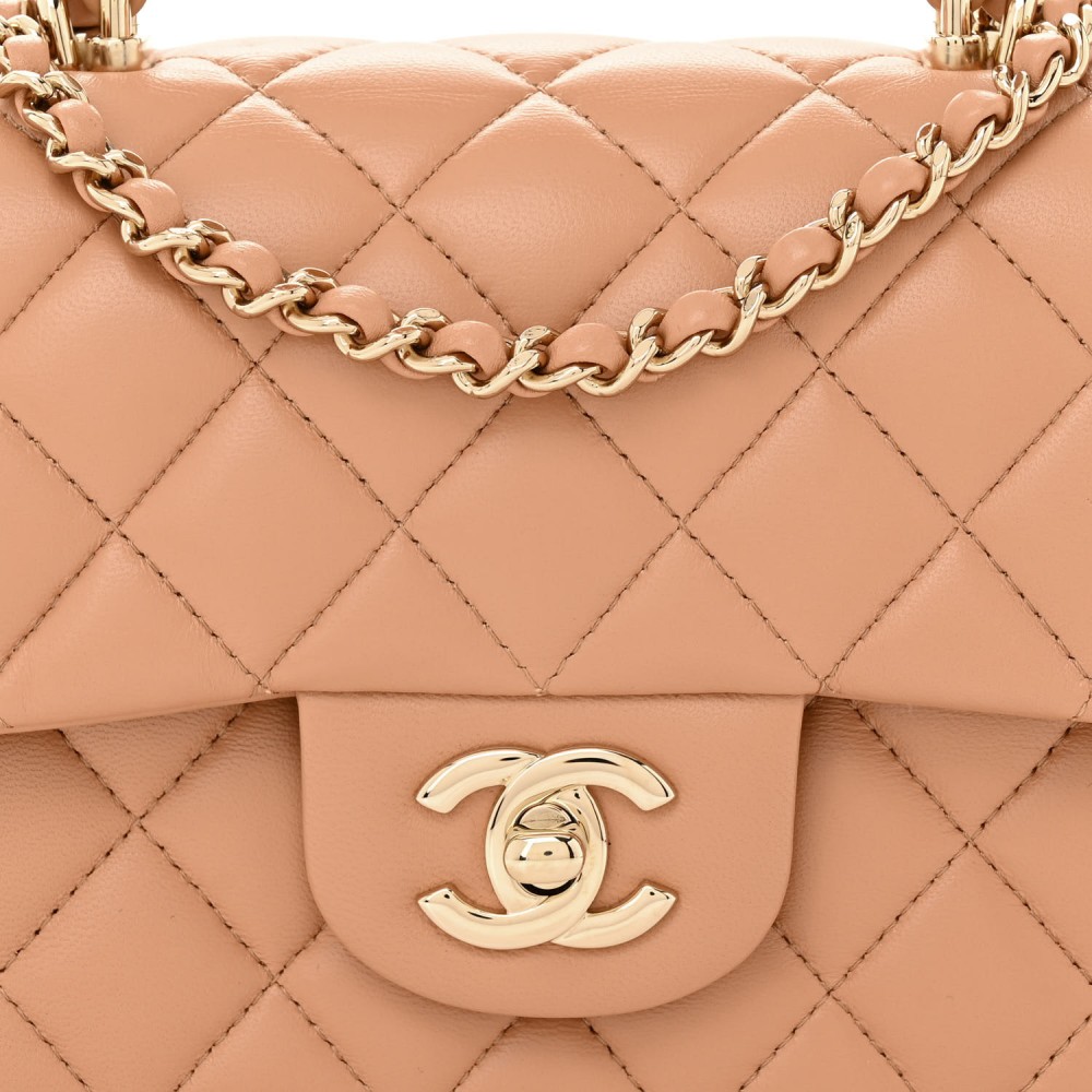 Lambskin Quilted Mini Top Handle Rectangular Flap Beige