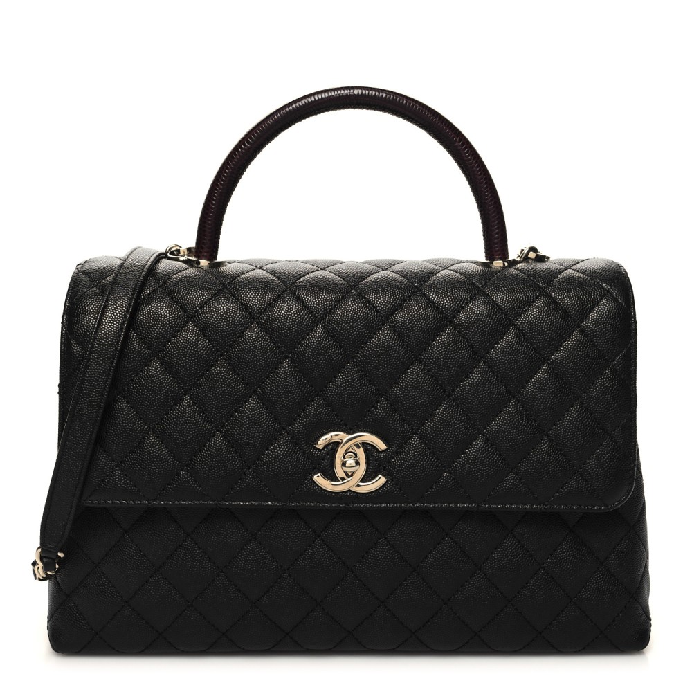 Caviar Lizard Quilted Medium Coco Handle Flap Black