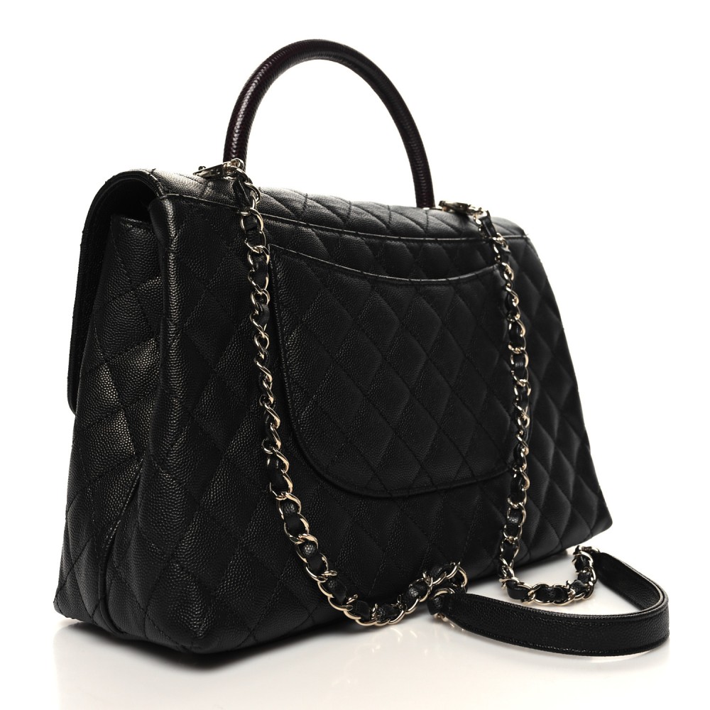 Caviar Lizard Quilted Medium Coco Handle Flap Black