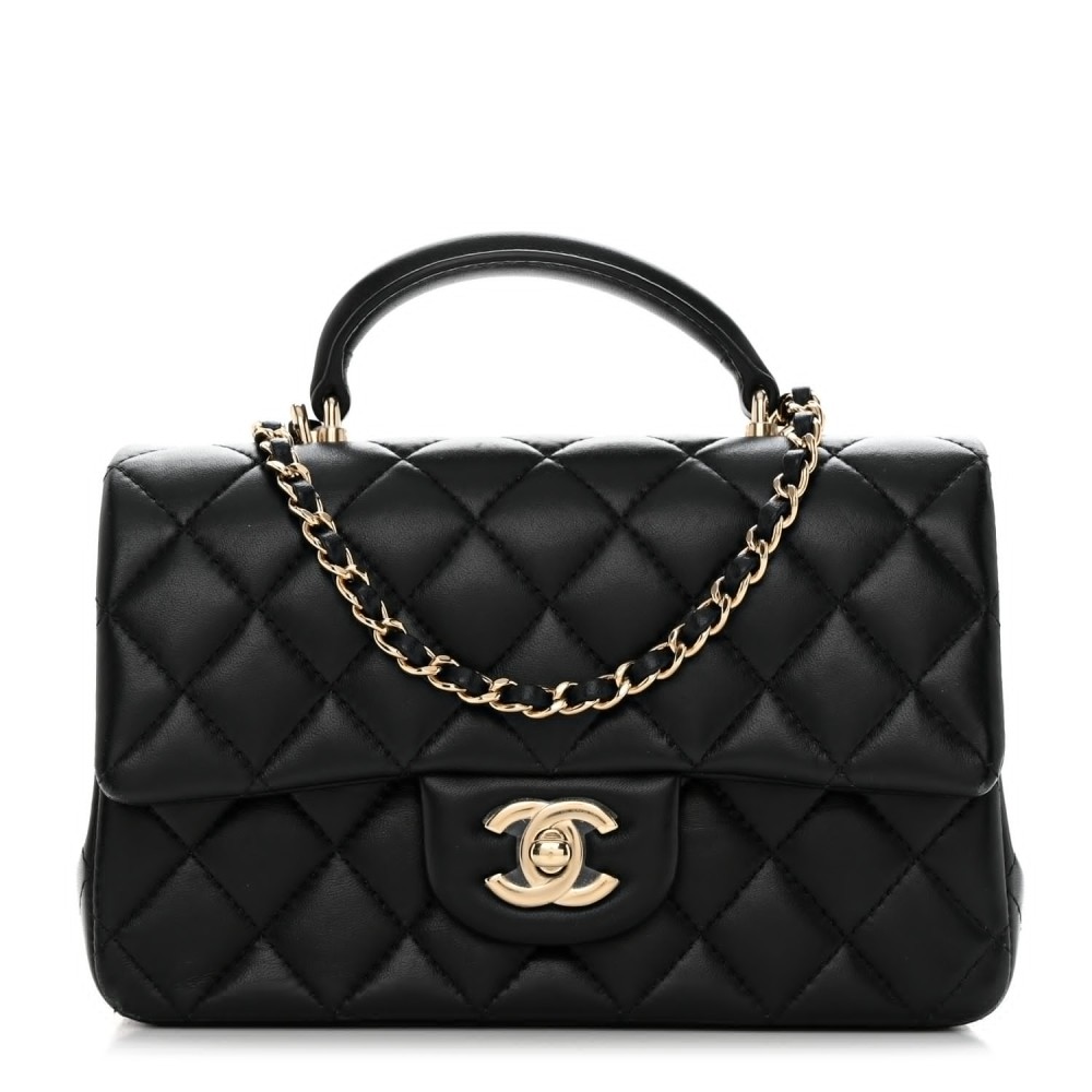 Lambskin Quilted Mini Top Handle Rectangular Flap Black