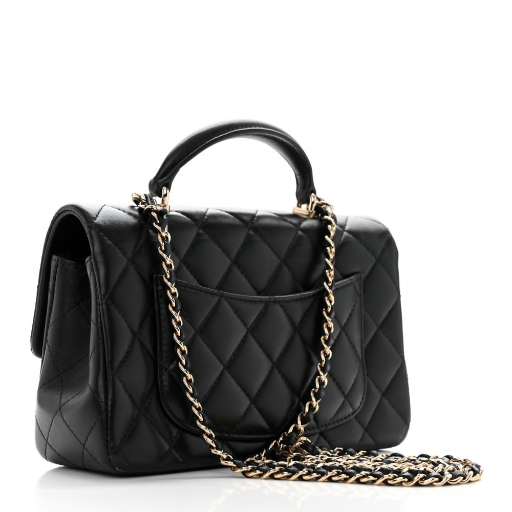 Lambskin Quilted Mini Top Handle Rectangular Flap Black