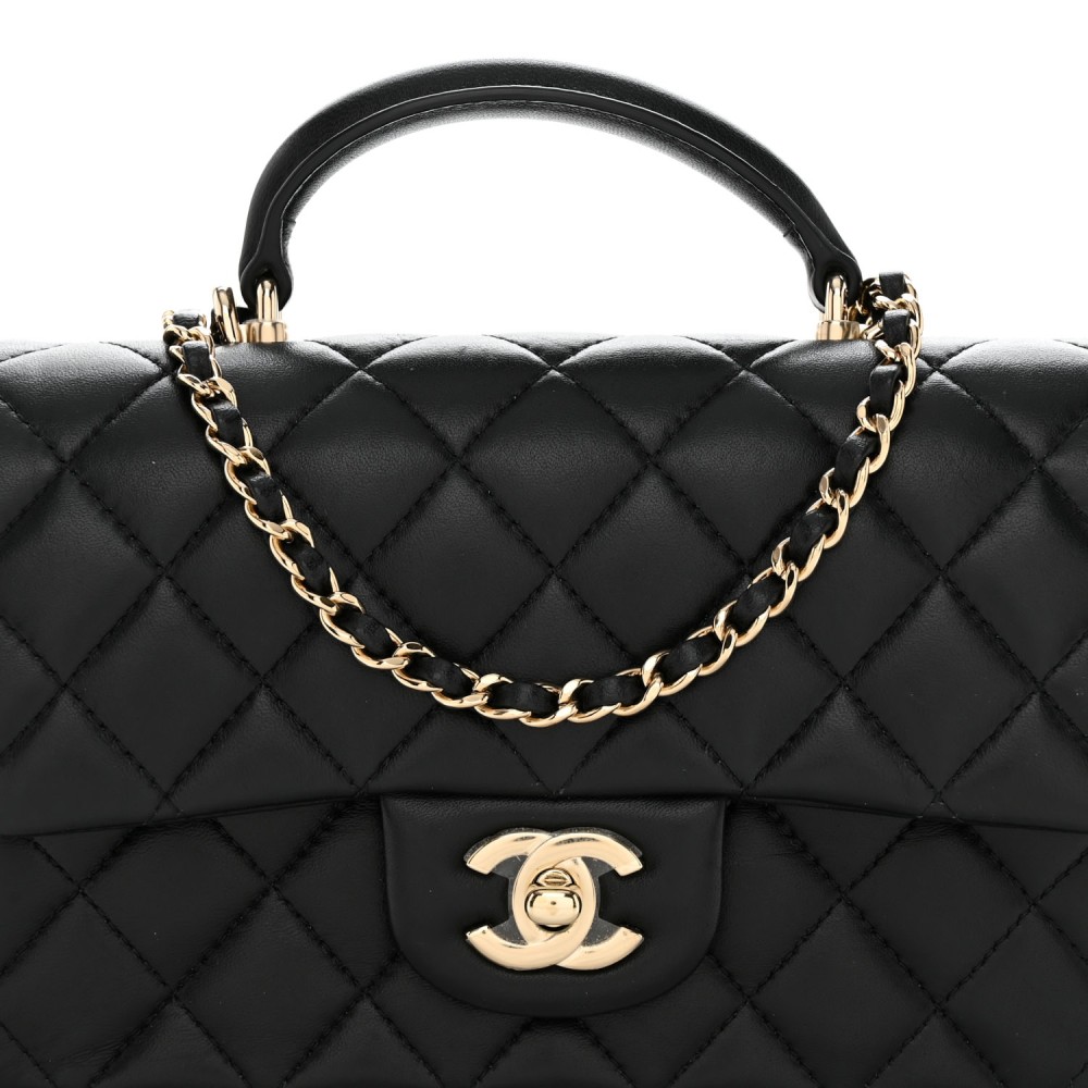 Lambskin Quilted Mini Top Handle Rectangular Flap Black