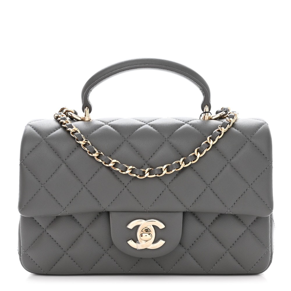 Lambskin Quilted Mini Top Handle Rectangular Flap Dark Grey