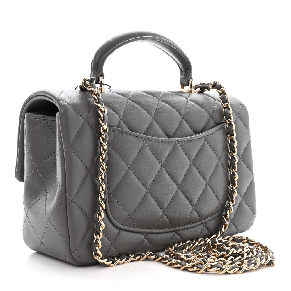 Lambskin Quilted Mini Top Handle Rectangular Flap Dark Grey