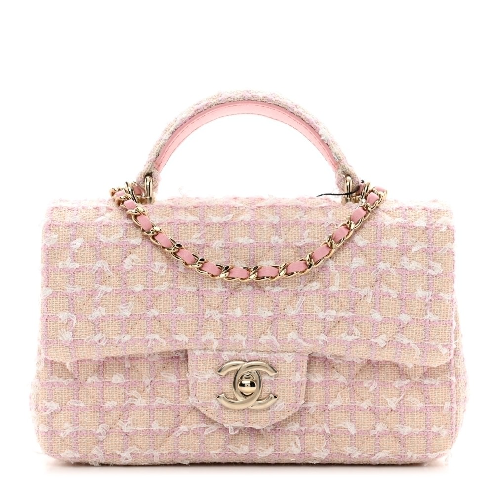 Tweed Quilted Mini Top Handle Rectangular Flap Light Pink