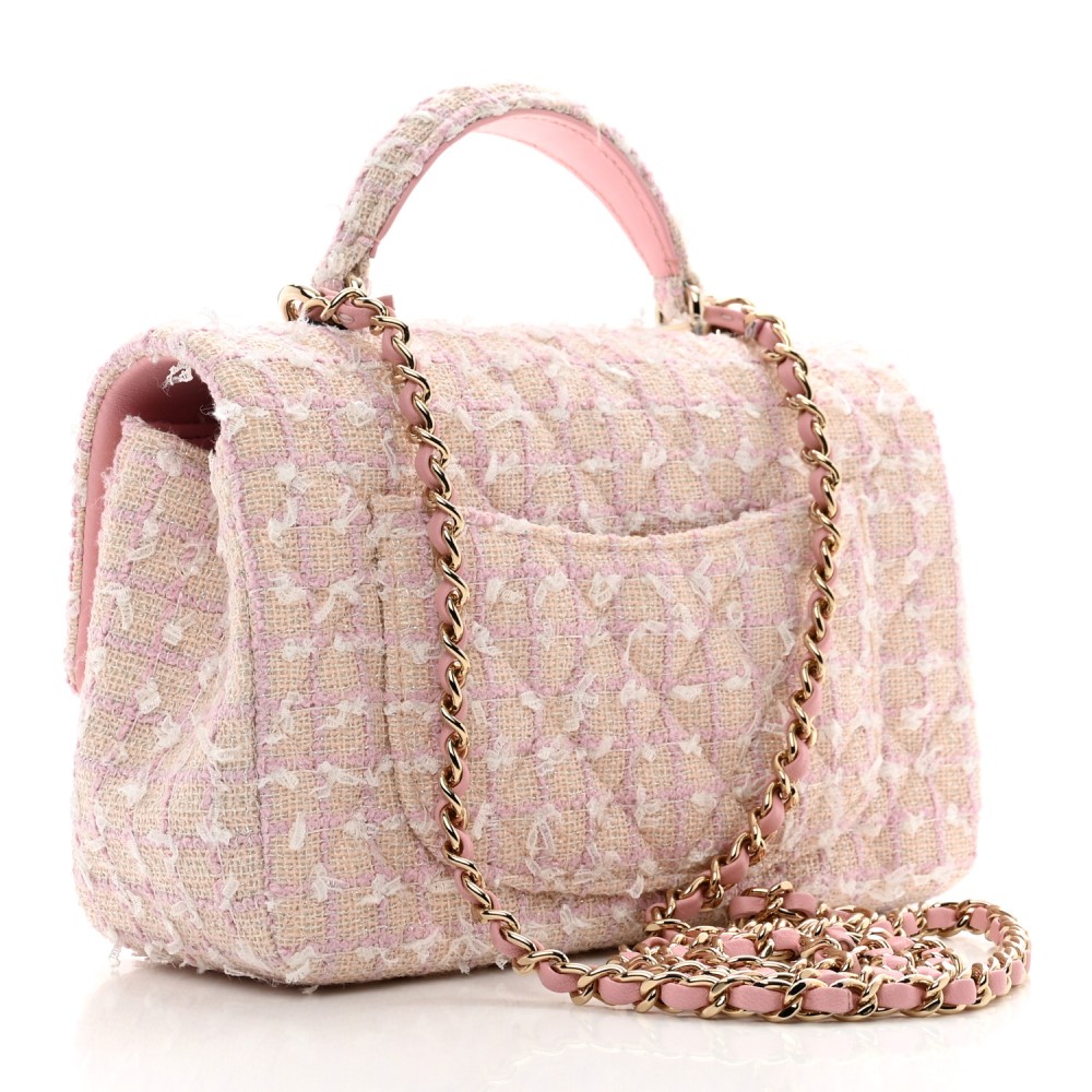 Tweed Quilted Mini Top Handle Rectangular Flap Light Pink